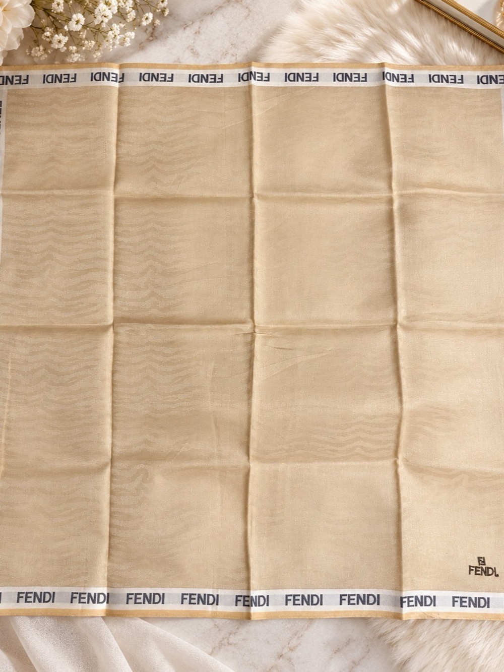 Vintage Fendi Cotton Logo Scarf 18” Square Beige Vanilla